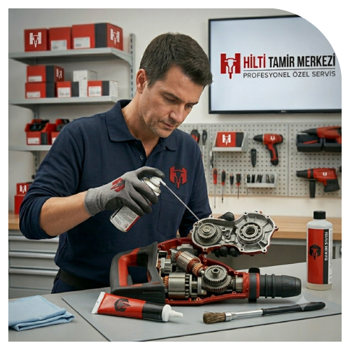 Hilti Tamir Merkezi teknik servisinde el aleti motoru dişli bakımı ve yağlaması yapan usta