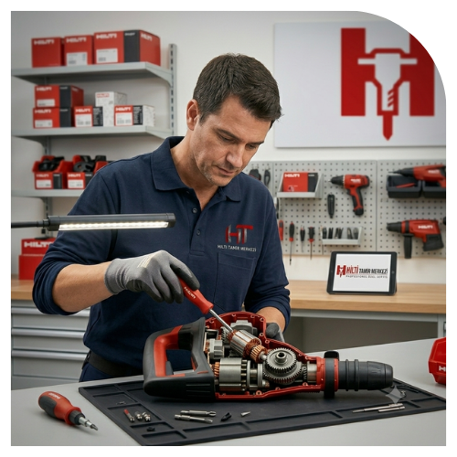 Tezgah üzerinde hilti kırıcı delici matkap tamiri yapan teknik servis ustası