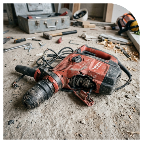 İnşaat zemininde duran gövdesi kırılmış ve dişlileri görünen arızalı Hilti kırıcı delici matkap